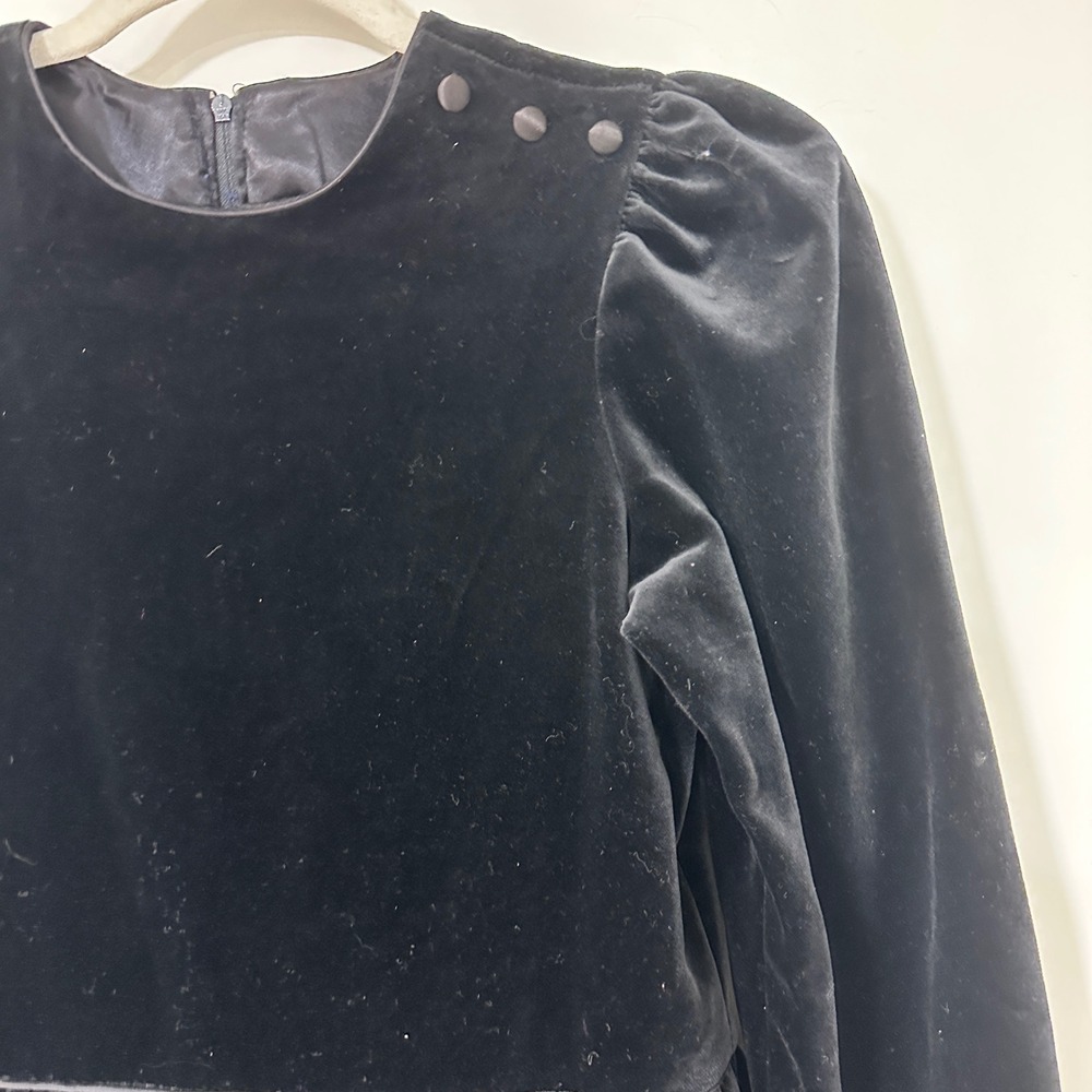 Vintage Maggie Breen Girls 12 Black Velvet Dress Puff Sleeve Bow Made in USA 90s